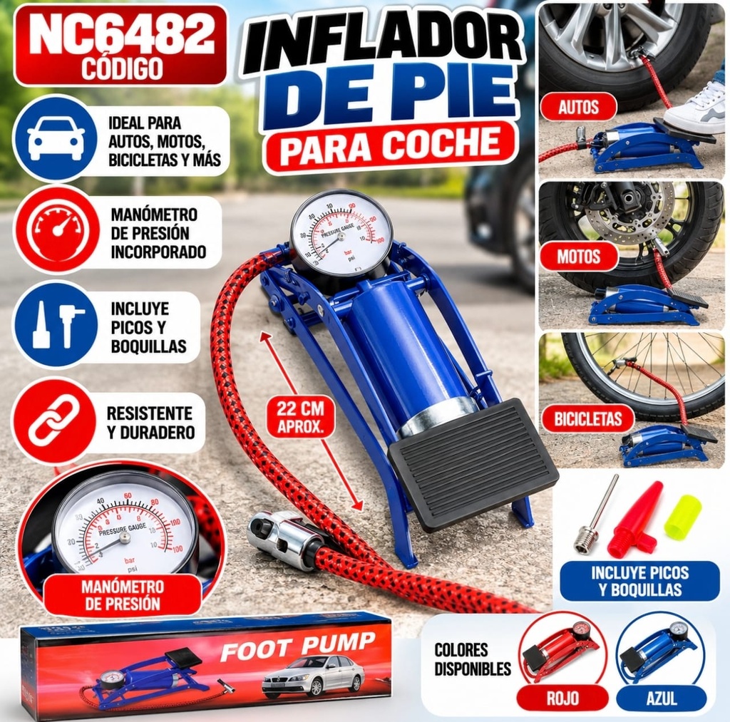 INFLADOR BOMBIN DE PIE EN CAJA FOOT PUMP PARA AUTO NC6482