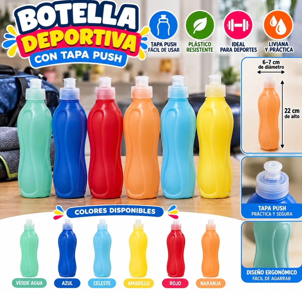 BOTELLA PLASTICA DEPORTIVA CON PICO 21 CM TAPA PUSH DA182