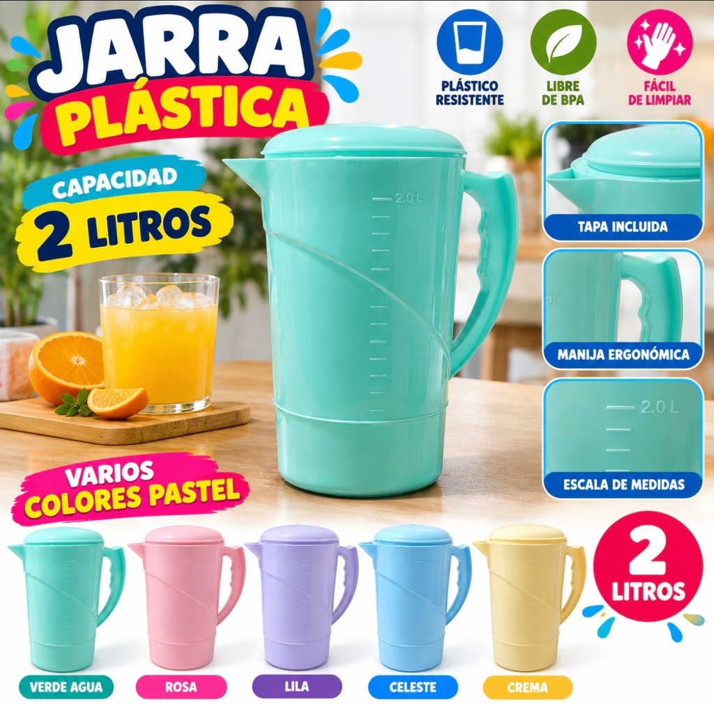 JARRA PLASTICA 2 LITROS CON TAPA COLORES PASTEL 