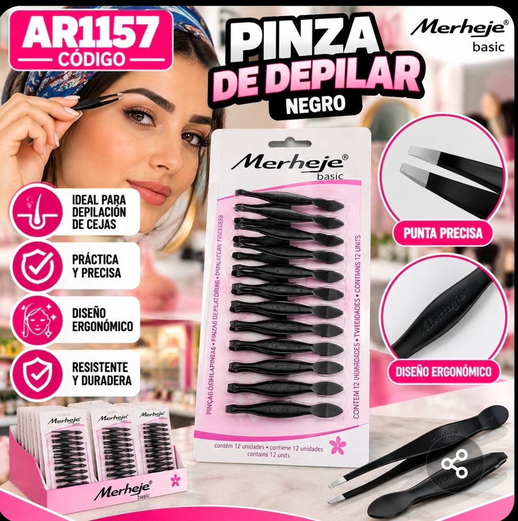 PINZA DEPILAR MERHEJE NEGRA X 12 EN BLISTER 1157