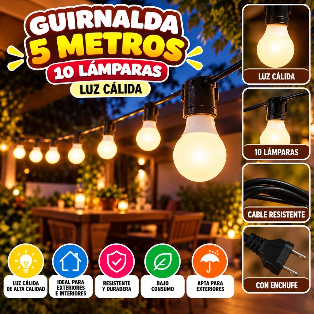 FOCO GUIRNALDA 5 METROS 10 LAMPARAS EN CAJA