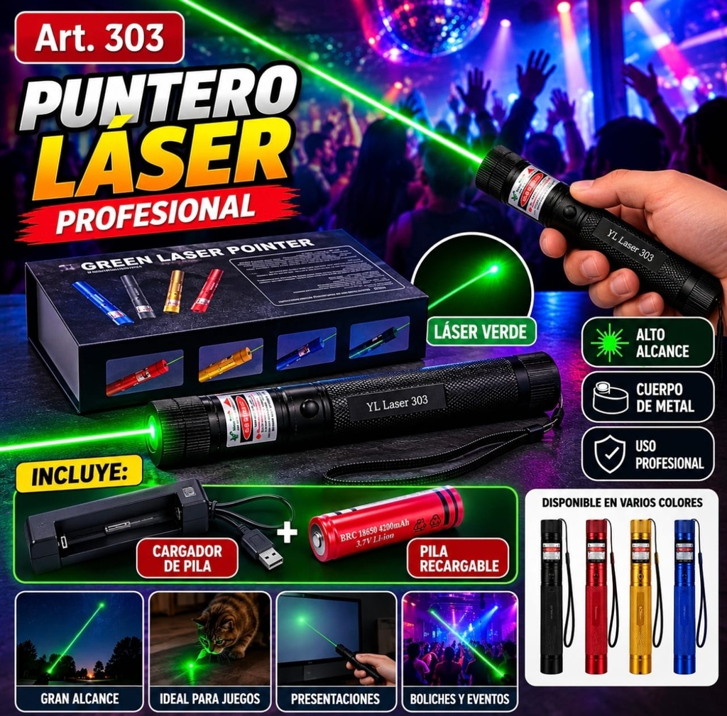 LASER PROFESIONAL C/ PILA RECARGABLE Y CARGADOR ART 303