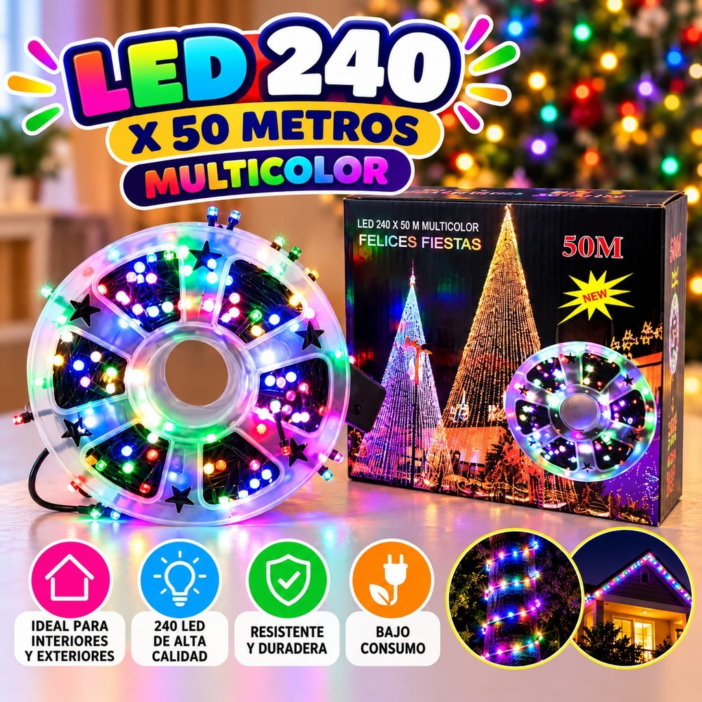 LUZ LED 50 MTS 240 LED MULTICOLOR C/ CARRETE PLASTICO EN CAJA