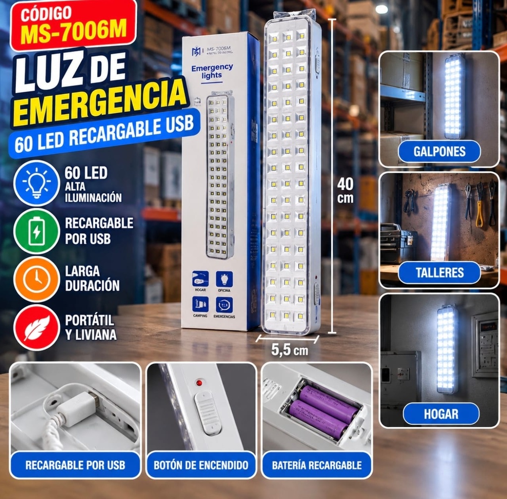 LUZ DE EMERGENCIA 60 LED RECARGABLE MS-7006M 40CM