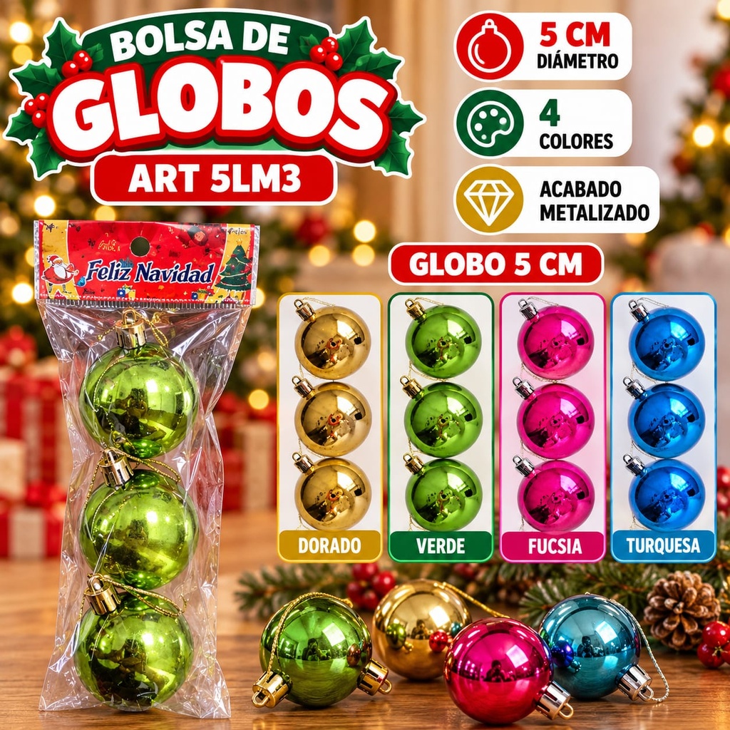 GLOBO METALIZADO LISO N5 X 3 EN BOLSA ART503