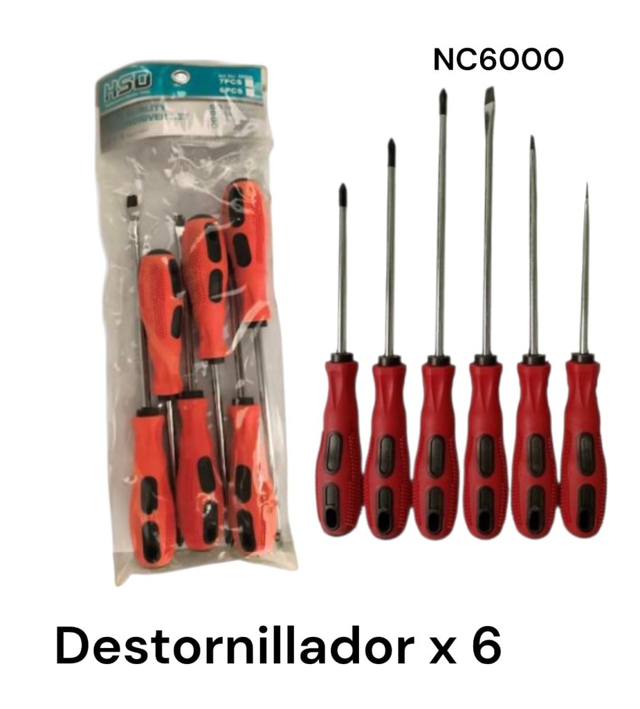 DESTORNILLADOR 6 PZAS EN BOLSA MANGO ROJO NC6000