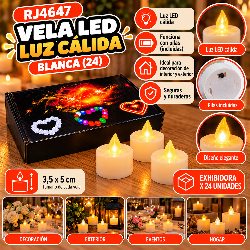 VELA DECORATIVA LED LUZ CALIDA 4.5 CM EN CAJA
