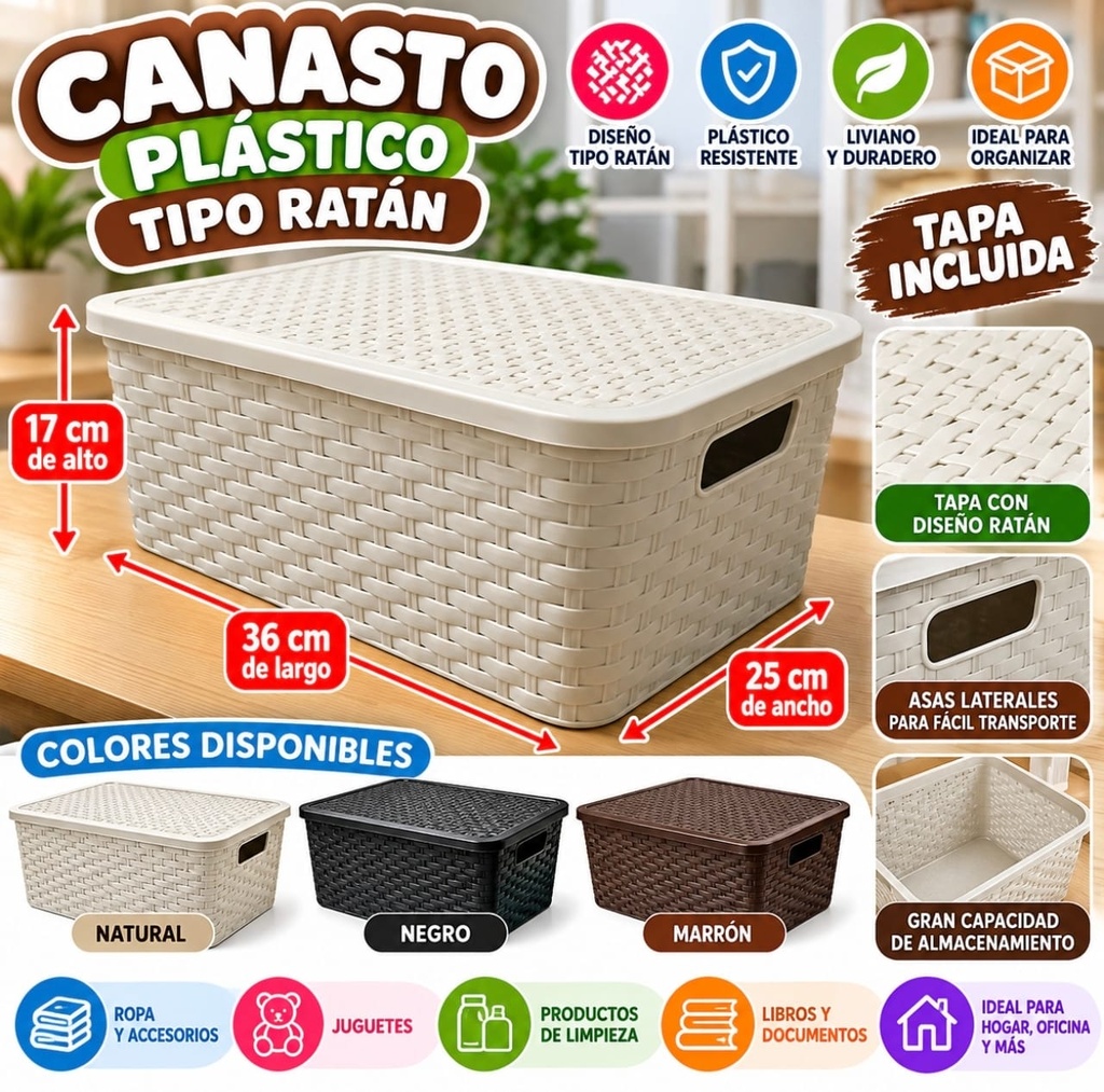 CANASTO N° 2 CON TAPA RATAN CHICO 36 X 25 X 17CM DA248