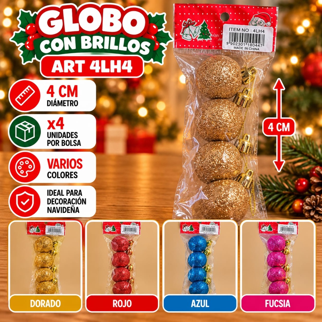 GLOBO X 4 BRILLOSO 4CM EN BOLSA