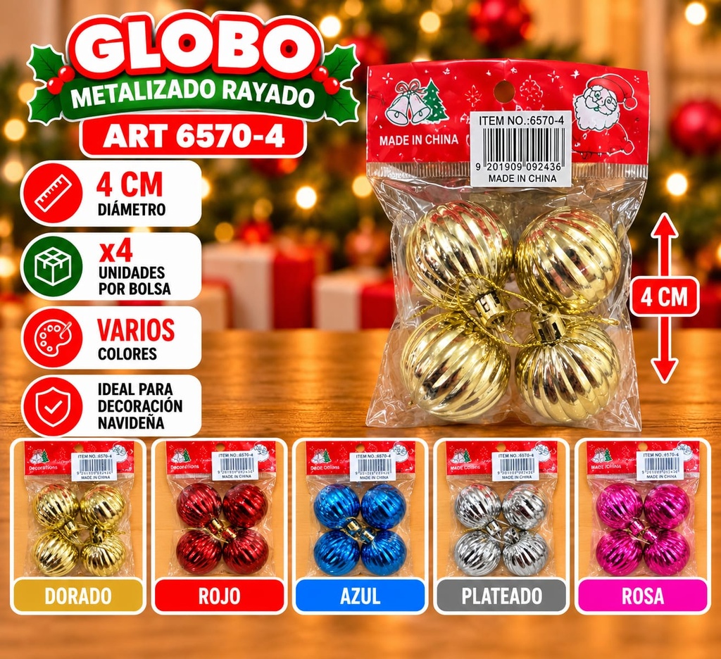GLOBOS METALIZADO C/ RAYAS 4 X 4CM BOLSA
