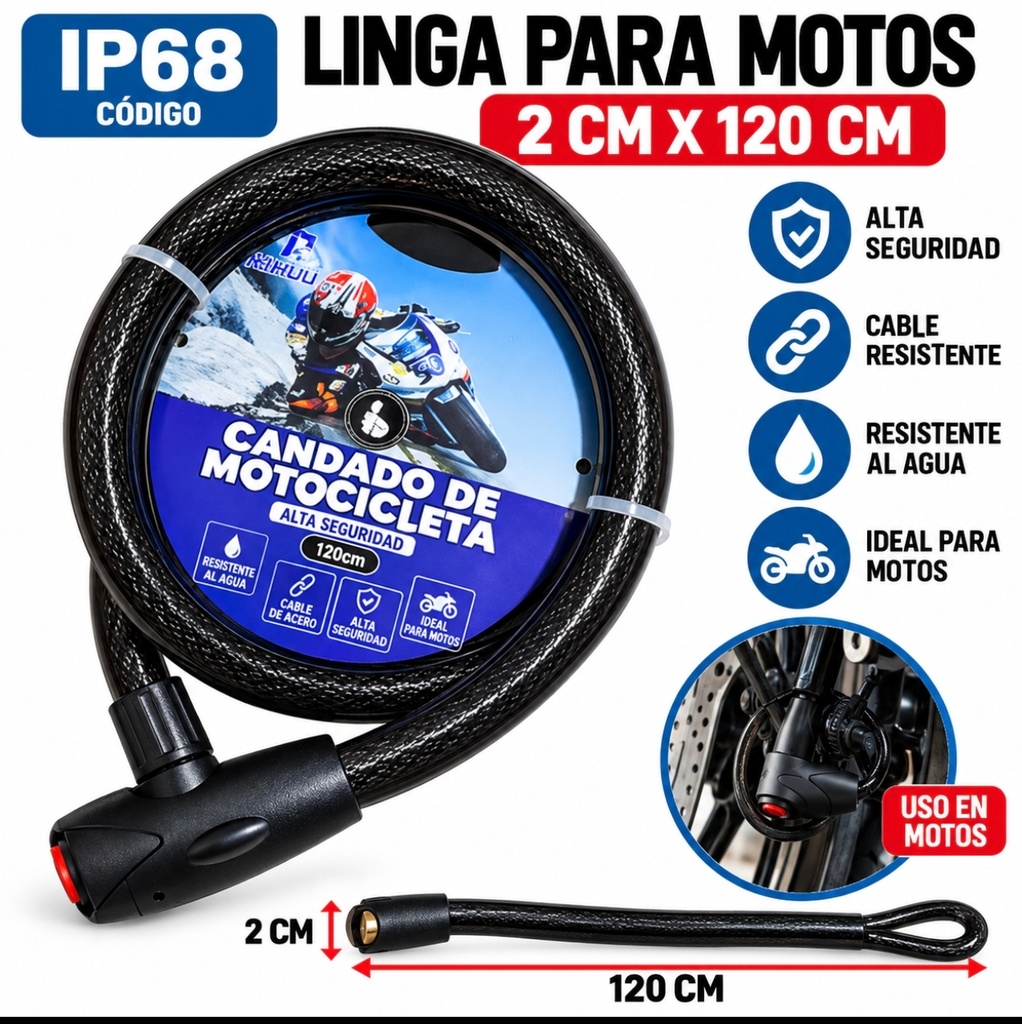 LINGA PARA MOTO KIHUU CABLE REFORZADA 1.2M 2CM IP68
