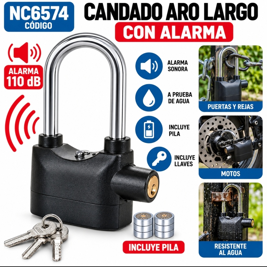 CANDADO CON ALARMA ARO LARGO EN BLISTER NC6574
