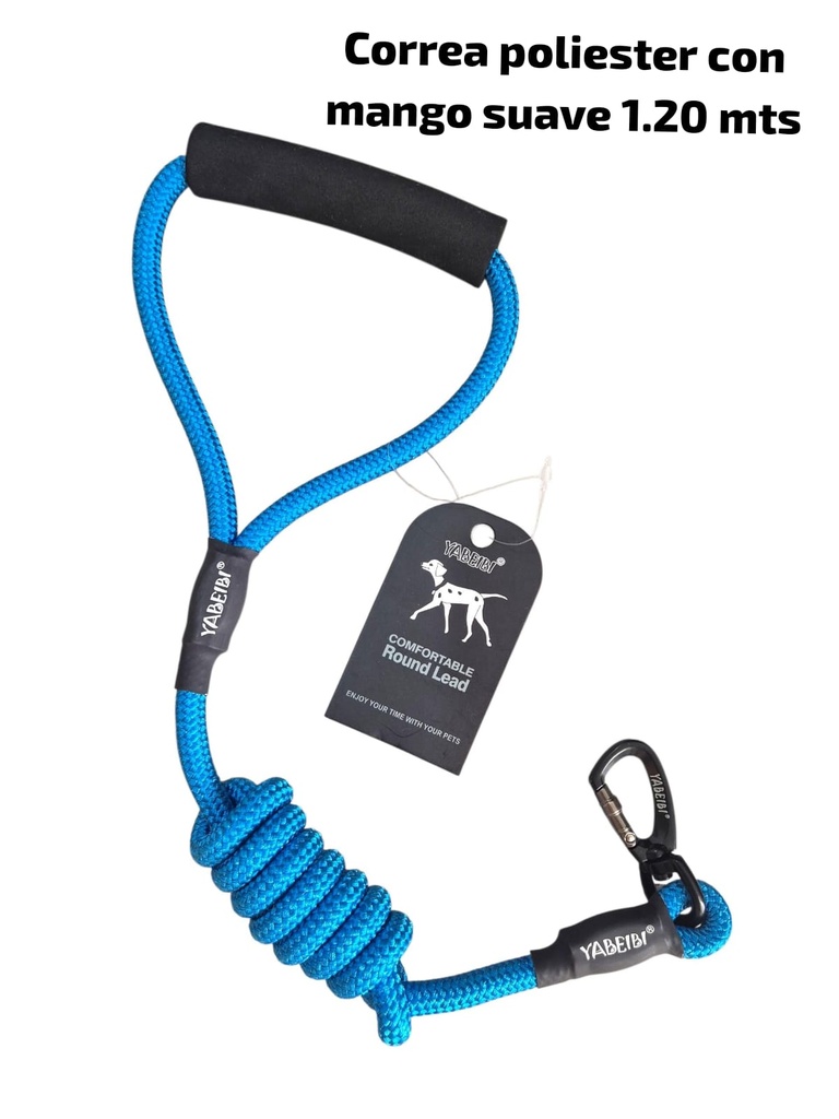 CORREA PARA PERRO DE POLIESTER CON MANGO SUAVE 120CM CON MOSQUETON 23-564A