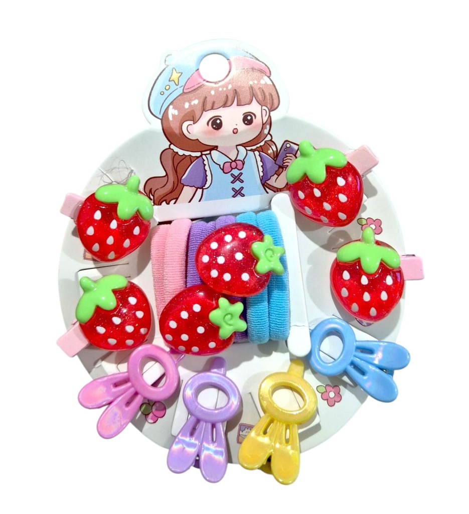 SET X 4 HEBILLAS DE FRUTA 4 ZAPITOS TORNASOLADOS Y 3 PARES DE COLITAS 3587 EN CARD