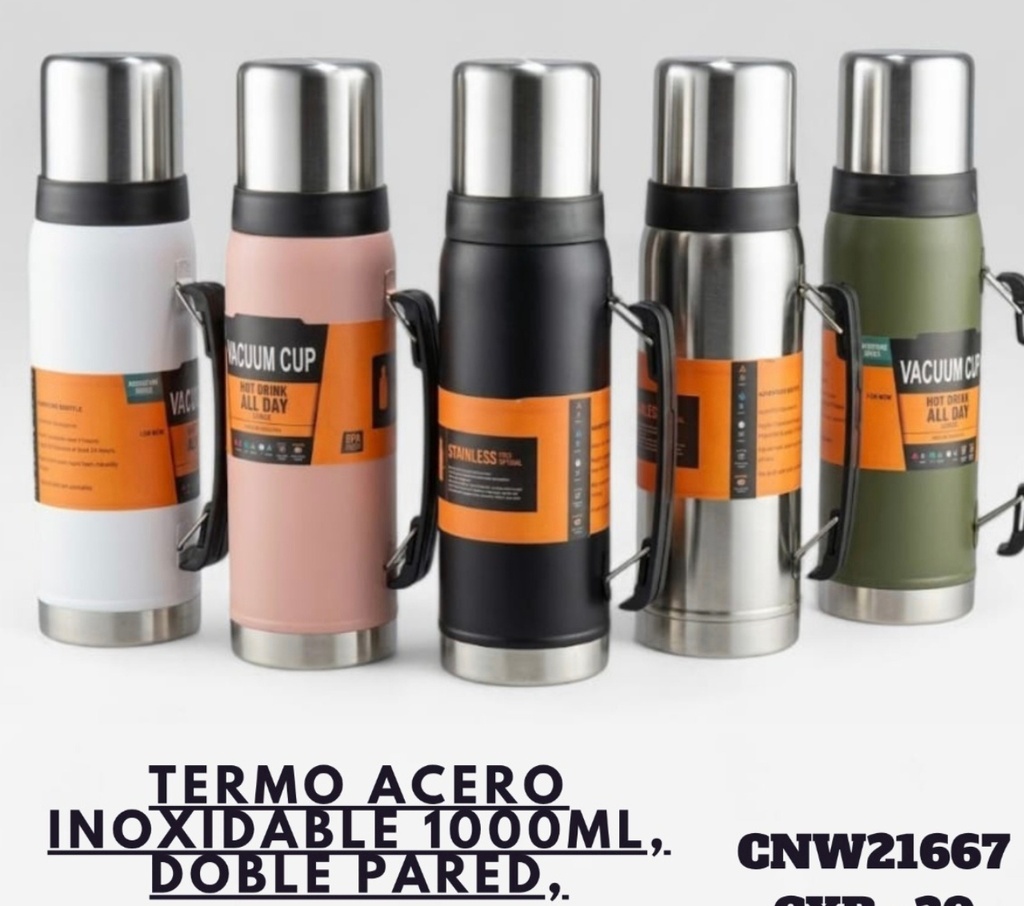 TERMO DE ACERO INOXIDABLE COLOR DOBLE PARED MANIJA EXTENSIBLE 1 LTS CNW21667