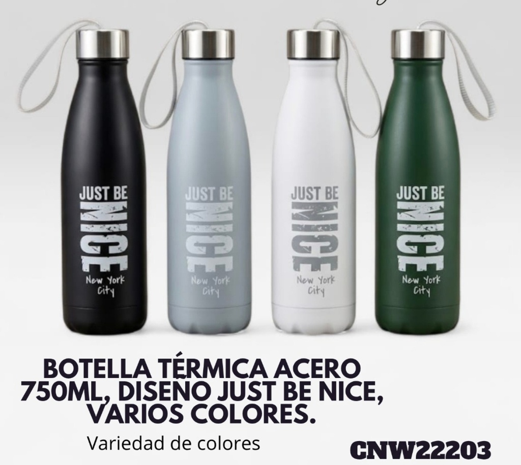 BOTELLA TERMICA ACERO 750 ML NICE TAPA PLATEADA COLORES VARIOS CNW22203