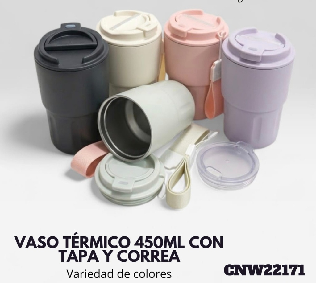 VASO TERMICO 450ML CON TAPA CON CORREA COLORES VARIOS CNW22171