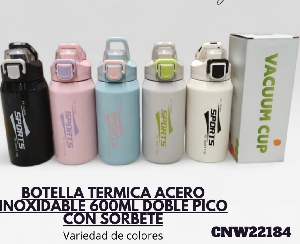 BOTELLA TERMICA METAL 600ML DOBLE CIERRE CON SORBETE SPORTS cnw22184