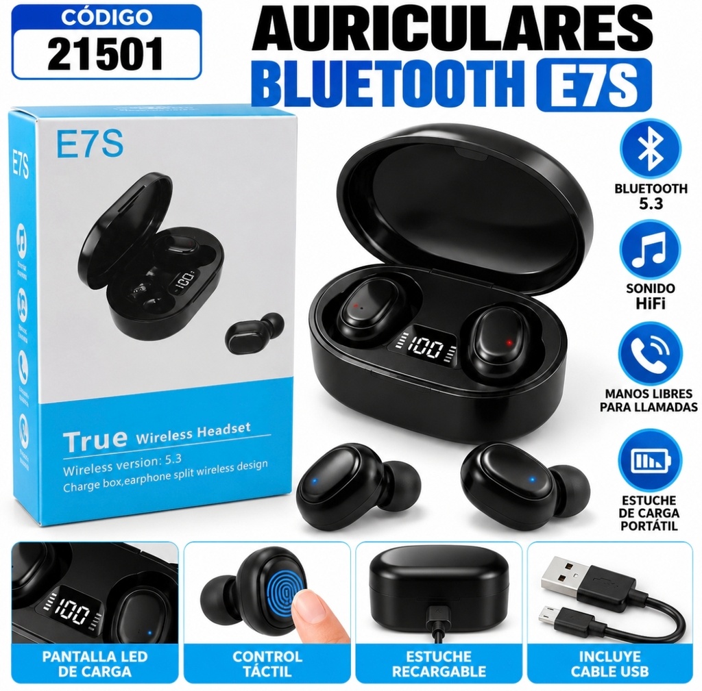 AURICULAR E7S C/ BLUETOOTH TRUE CAJA CELESTE