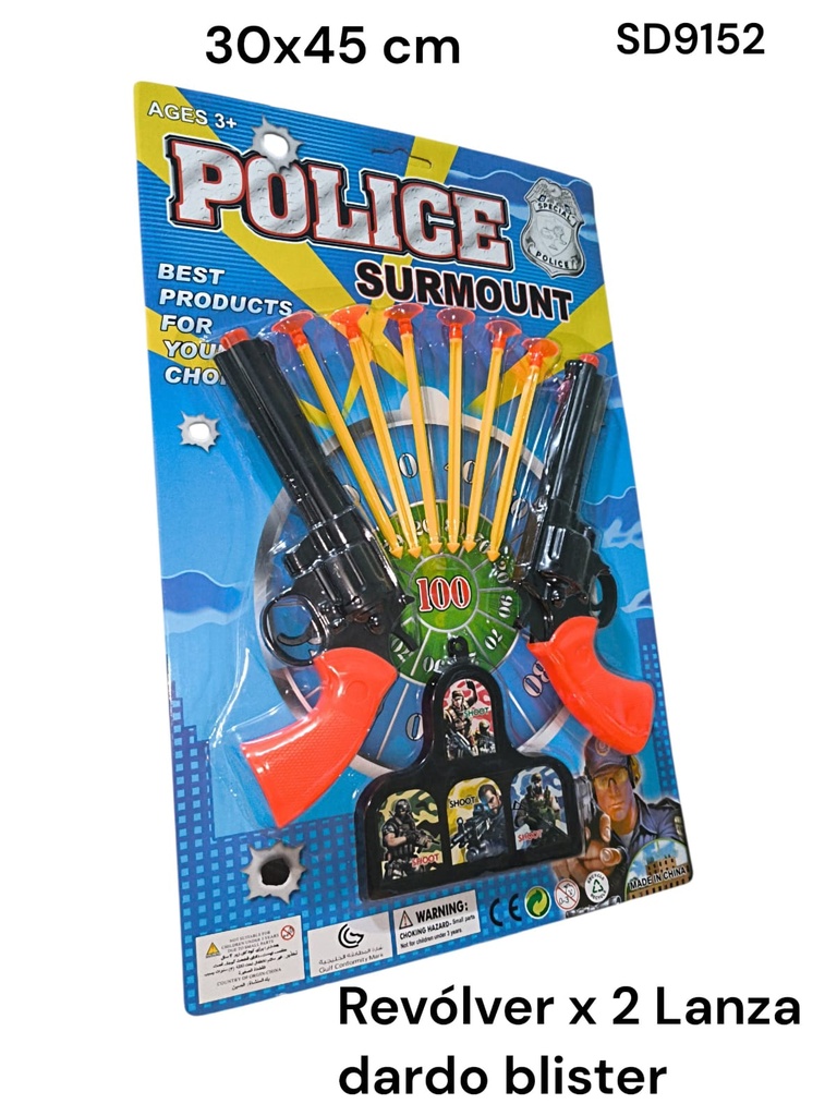 REVOLVER X 2 EN BLISTER POLICE TIRA DARDOS CON CHUPETE SD9152
