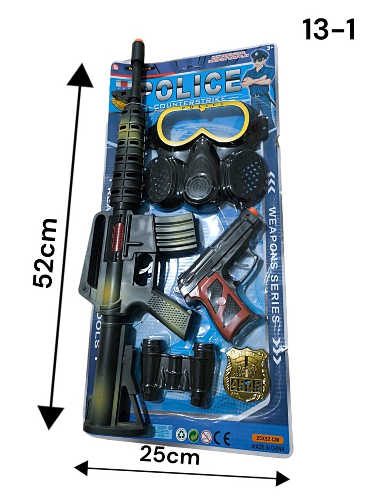 SET DE POLICIA EN BLISTER METRALLETA CON PISTOLA Y MASCARA 52X25CM COD13-1