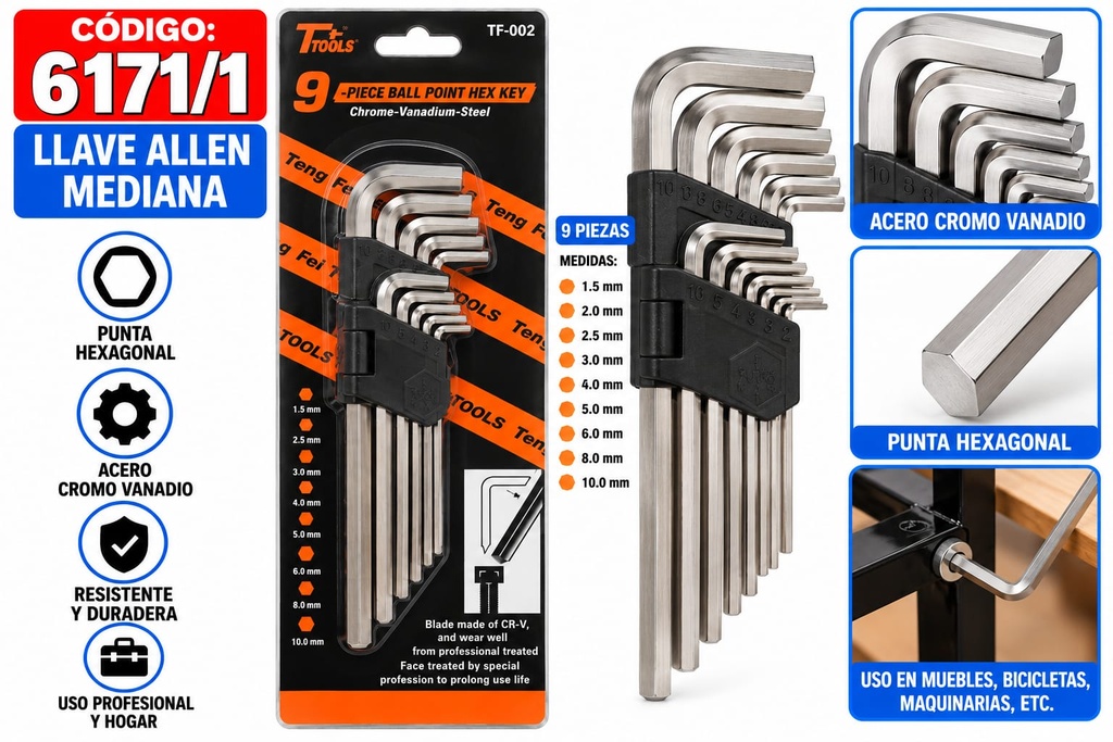 LLAVE ALIEN MEDIANA X 9 EN BLISTER 6171 TF TOOLS TF-002