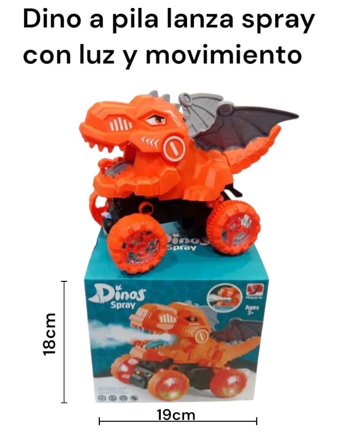 DINO A PILA CON LUZ Y MOVIMIENTO LANZA SPRAY EN CAJA GIRA 360º 31156