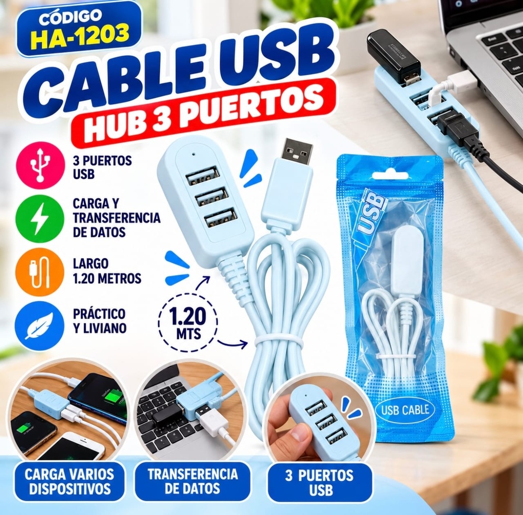 CABLE ALRGUE USB 1.20mts HUB CON 3 PUERTOS USB HA-1203