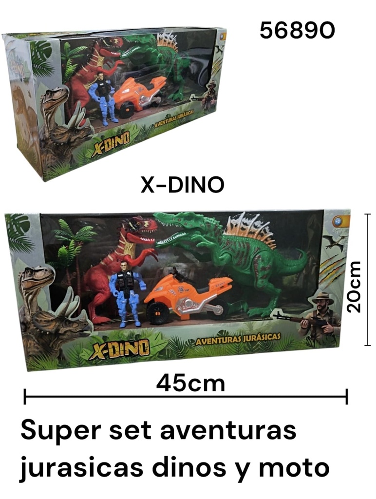 SET X-DINO GRANDE 2 DINO Y MOTO EN CAJA AVENTURA JURASICAS 45X12X20CM 56890