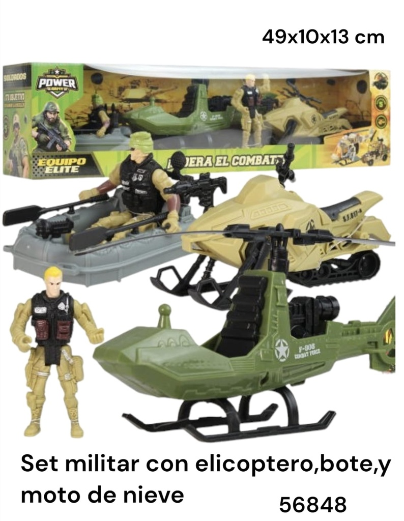 SET MILITAR CON HELICOPTERO, BOTE Y MOTO DE NIEVE EQUIPO ELITE EN CAJA 56848 49X10X13CM