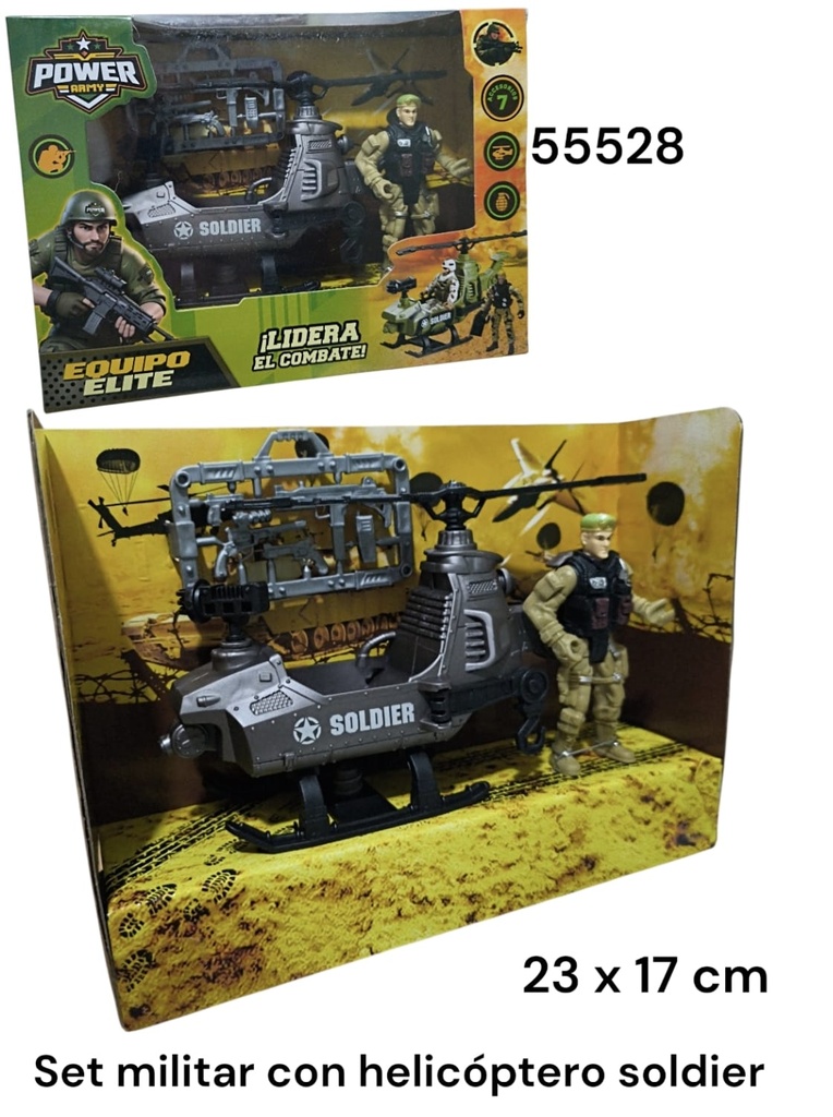 SET DE COMBATE CON HELICOPTERO SOLDIER EN CAJA 23X17CM EQUIPO ELITE 55528