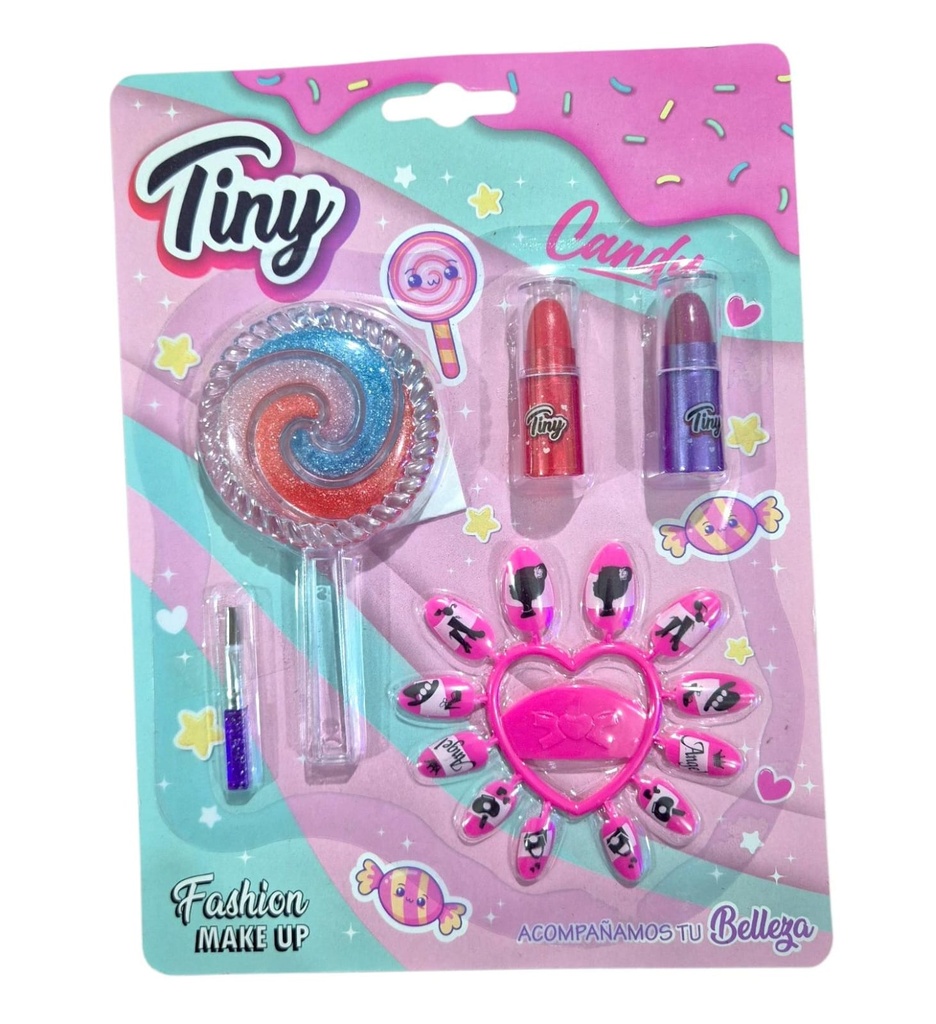 SET DE MAQUILLAJE TINY PALETA CHUPETIN CON UÑAS POSTIZAS Y 2 LABIALES EN BLISTER 3290