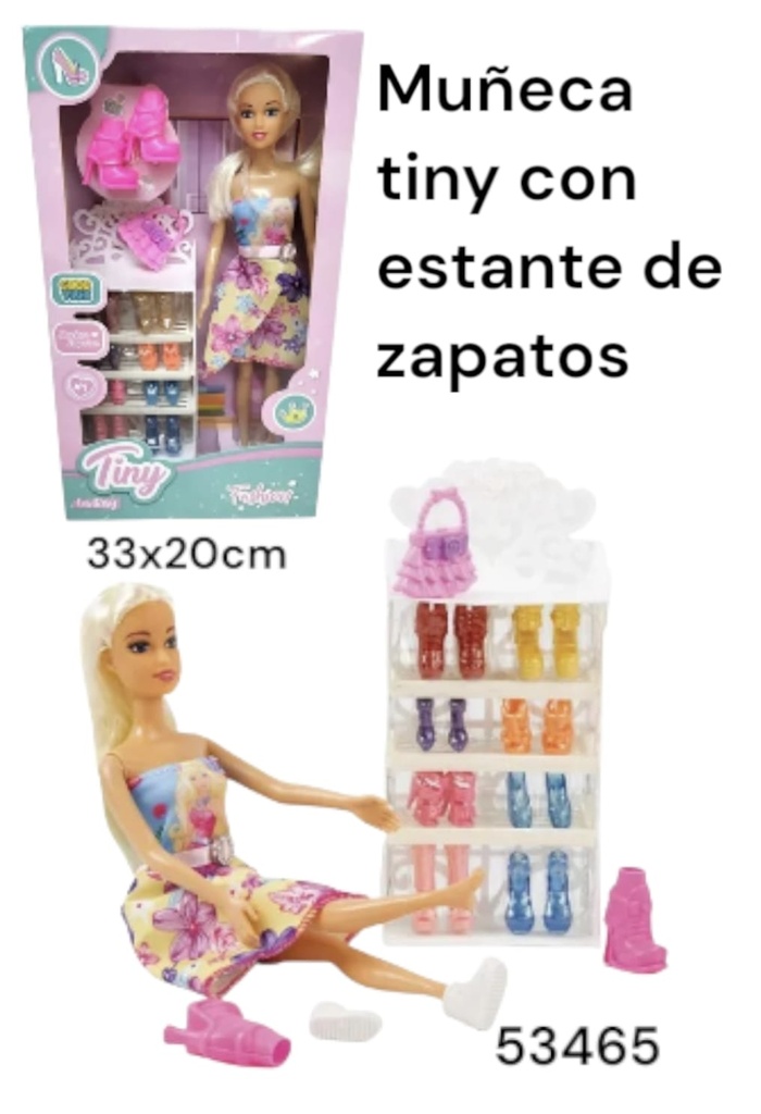 MUÑECA TINY CON ESTANTE CON MUCHOS ZAPATOS EN CAJA 33X20CM FASHION 53465