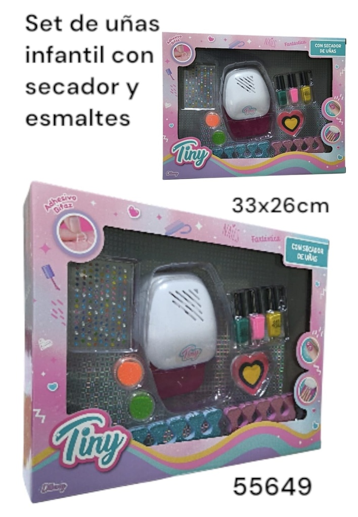 SET DE APLIQUES PARA UÑAS CON SECADOR TINY EN CAJA 33X26CM ESMALTES 55649