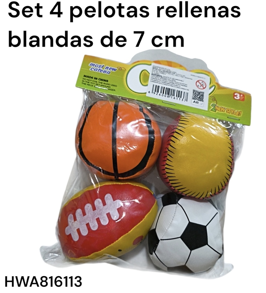 PELOTAS SURTIDA X 4 DEPORTE VARIOS RELLENA BLANDA 7 CM EN BOLSA 624854