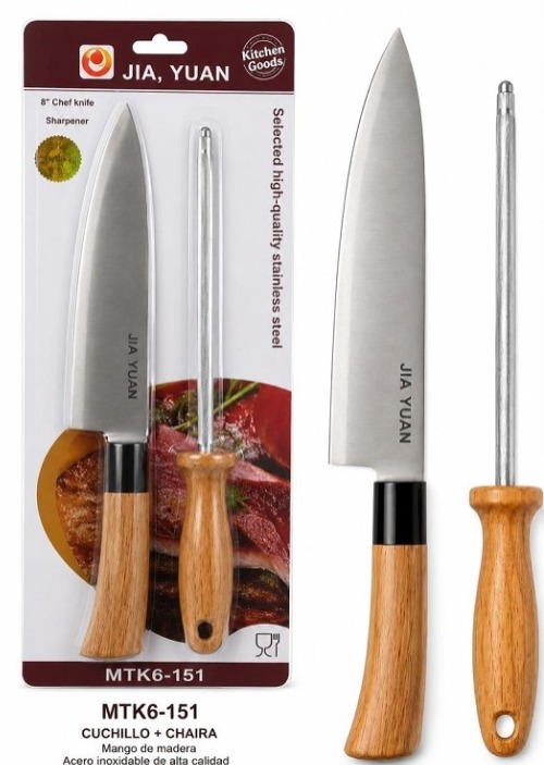 CUCHILLO CON CHAIRA MANGO DE MADERA EN BLISTER JIA YUAN MTK6-151