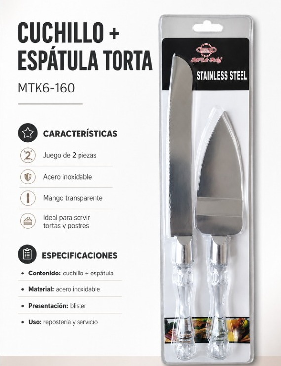 CUCHILLO CON ESPATULA P/ TORTAS MANGO TRANSPARENTE EN BLISTER MTK6-160
