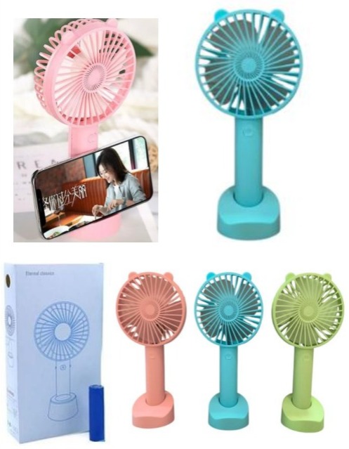 VENTILADOR PORTATIL C/ BASE Y APOYA CELULAR OREJAS DE GATO COLORES VARIOS 21CM 3 VELOCIDADES