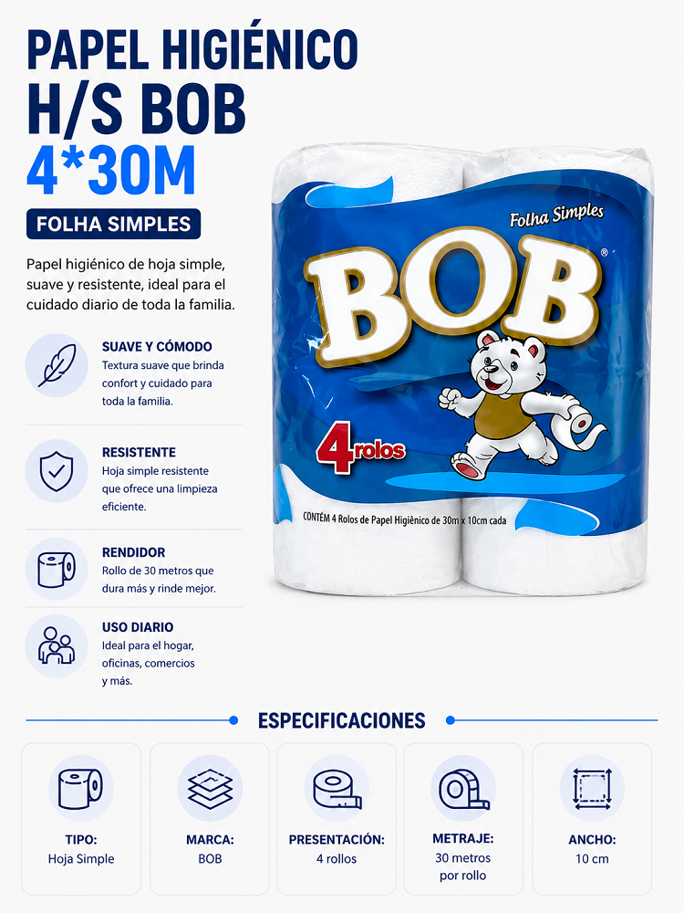 PAPEL HIGIENICO X 4 BOB 30 MTRS HOJA SIMPLE