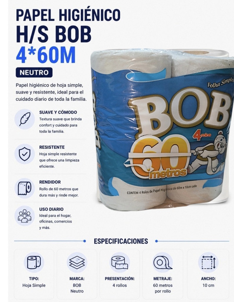 PAPEL HIGIENICO X 4 BOB 60 MTRS HOJA SIMPLE