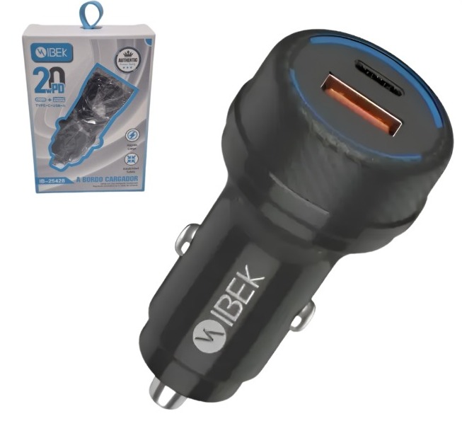 CARGADOR PARA AUTO IBEK 20W PD IB-25428 SALIDA USB Y TIPO C