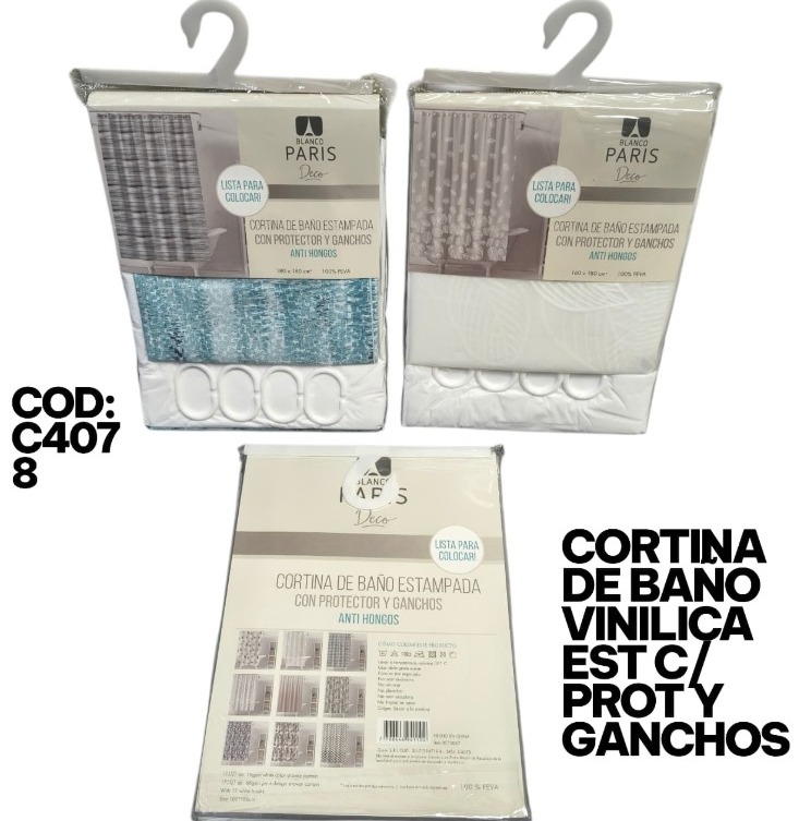 CORTINA DE BAÑO VINILICA ESTAMPADA C/ PROTECTOR Y GANCHOS C4078