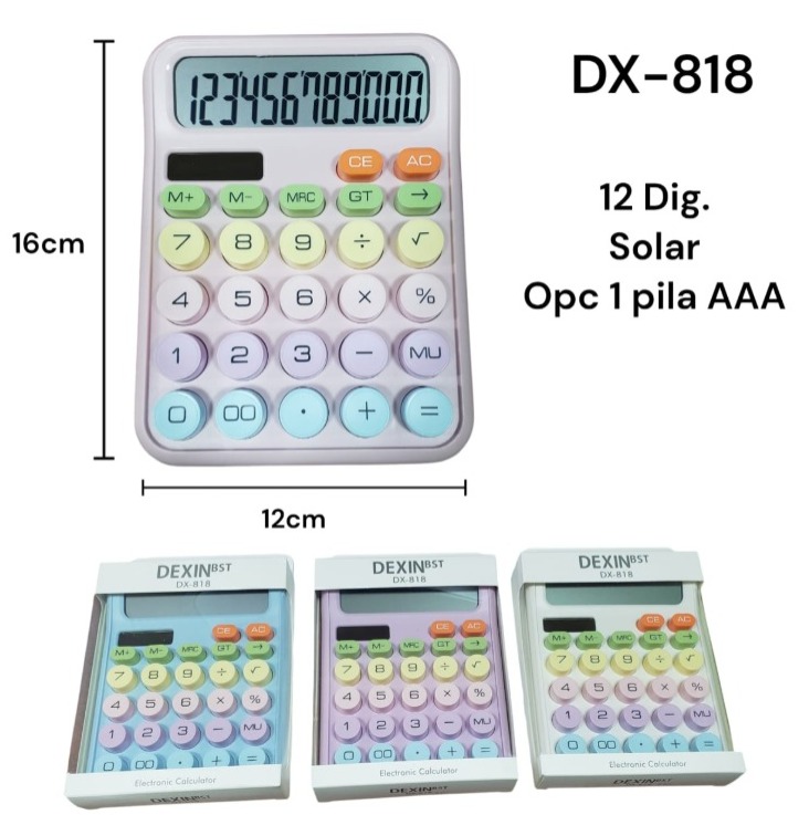 CALCULADORA PASTEL 12 DIG DEXIN DX-818 TECLADO COLORES VARIOS