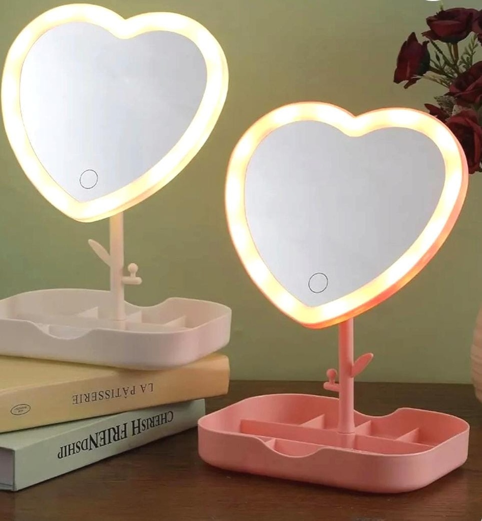 ESPEJO LED 3 TONOS CORAZON CON BASE GUARDA JOYAS HA1588