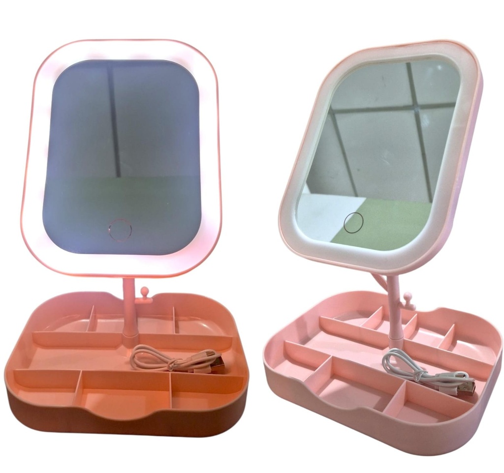 ESPEJO LED RECTANGURAL 3 TONOS CON BASE GUARDA JOYAS HA1586