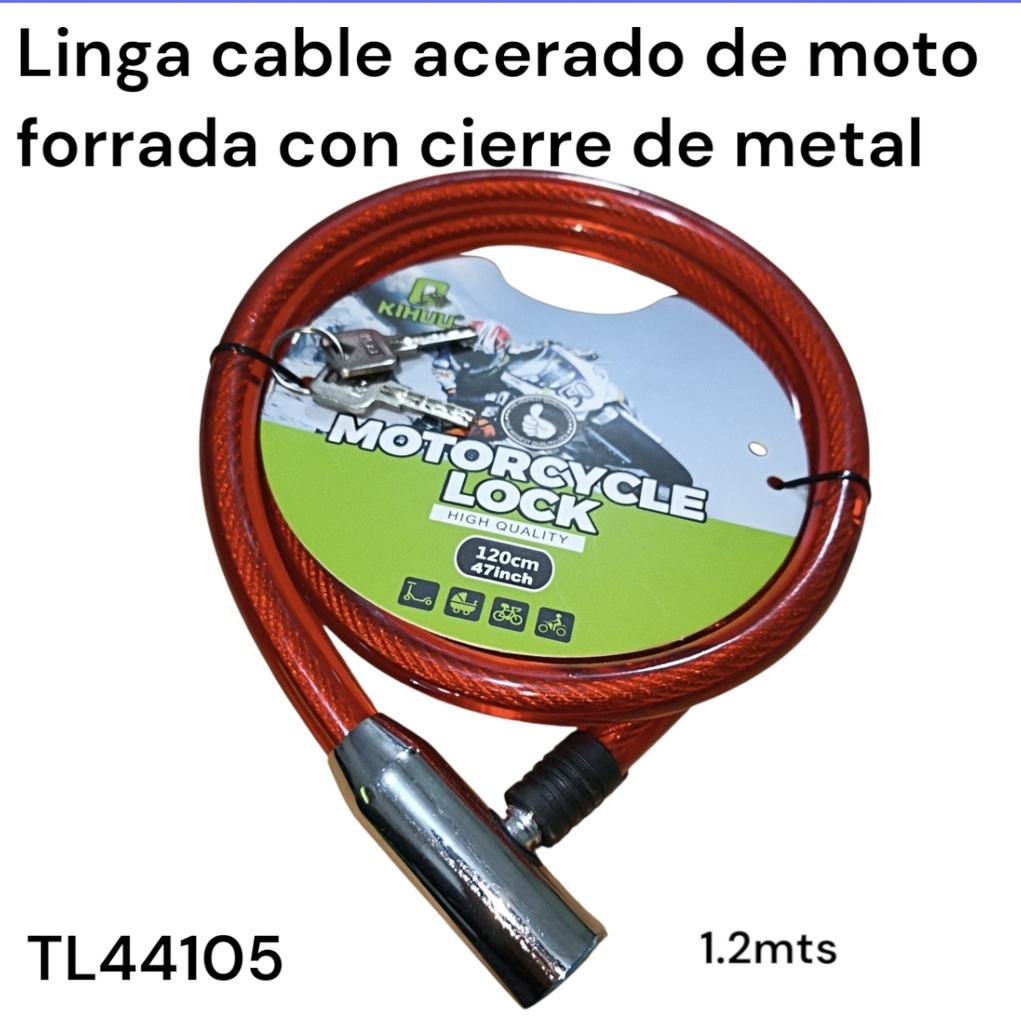 LINGA DE ACERO 1.6MM FORRADA PARA MOTO CON CIERRE METAL TL44105 1.2 MTS