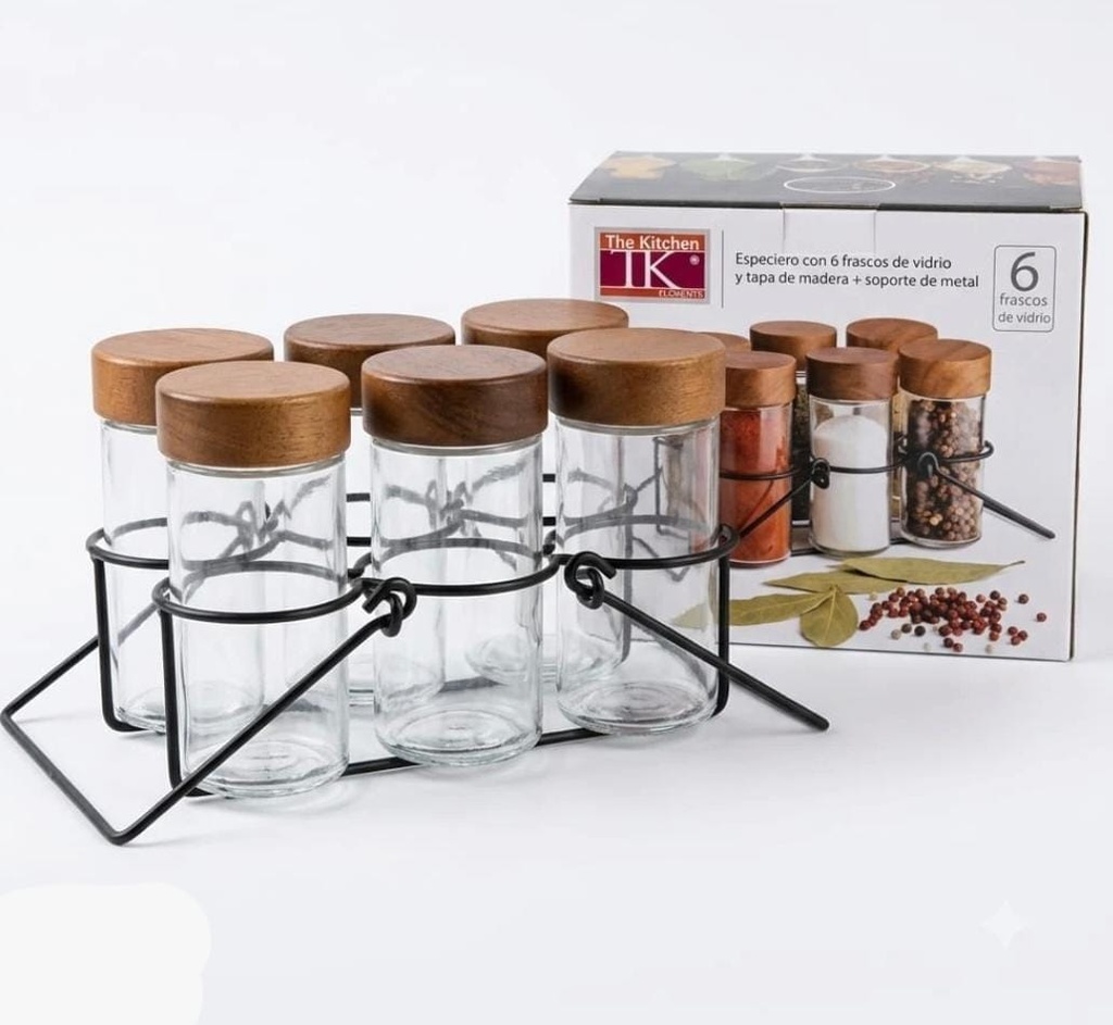 SET 6 ESPECIEROS DE VIDRIO TAPA DE MADERA CON RACK DE METAL THE KITCHEN
