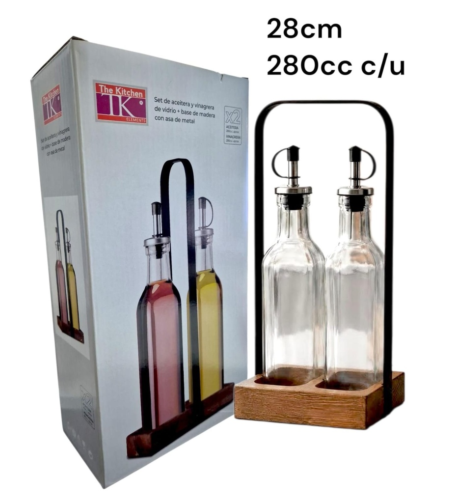 ACEITERA VINAGRERA DE VIDRIOS C/ BASE DE MADERA Y ASAS DE METAL 280CC C/U