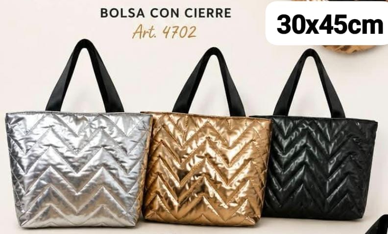 CARTERA COSTURA ZIGZAG METALIZADA CON CIERRE 30X45CM