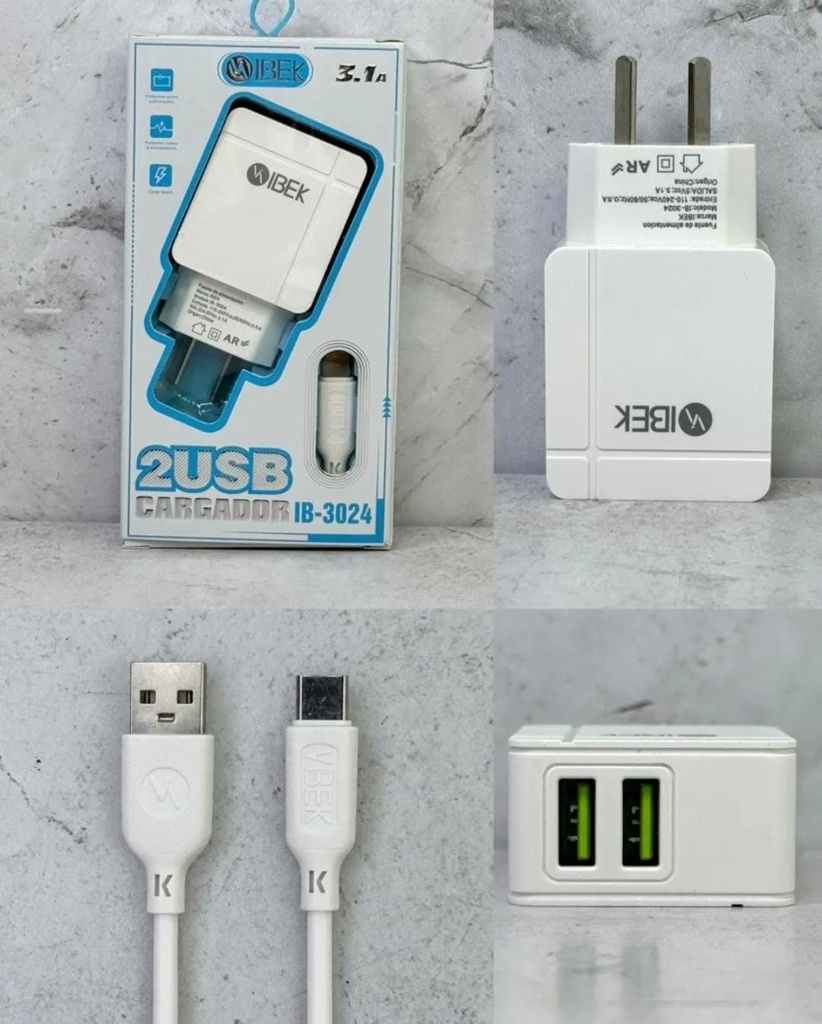 CARGADOR IBEK 2 USB C/ CABLE TIPO C IB-2024 IB-2025 3.1A